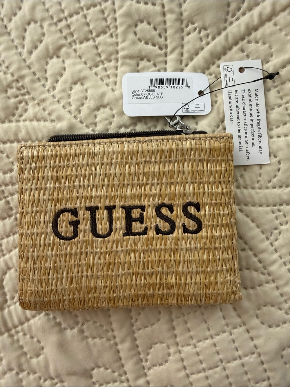 GUESS Natural Woven Zip Pouch - Brown